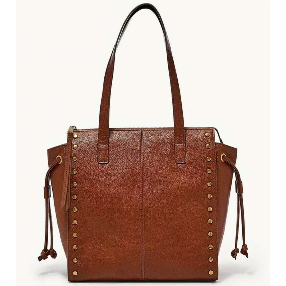 S Fossil Brooklyn Shopper Brown Leather Studded Tote SHB2671213 NWT $238 Retail